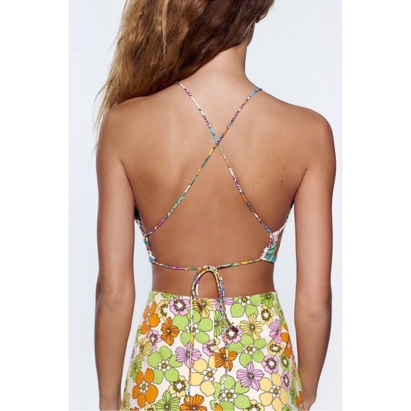 Zara floral crop top colorful cross string backs size small NWOT - Picture 2 of 5